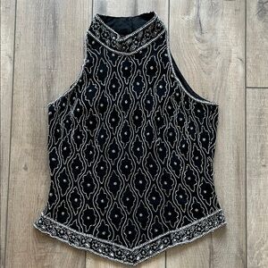 100% Silk 90s Black and Silver Beaded Top